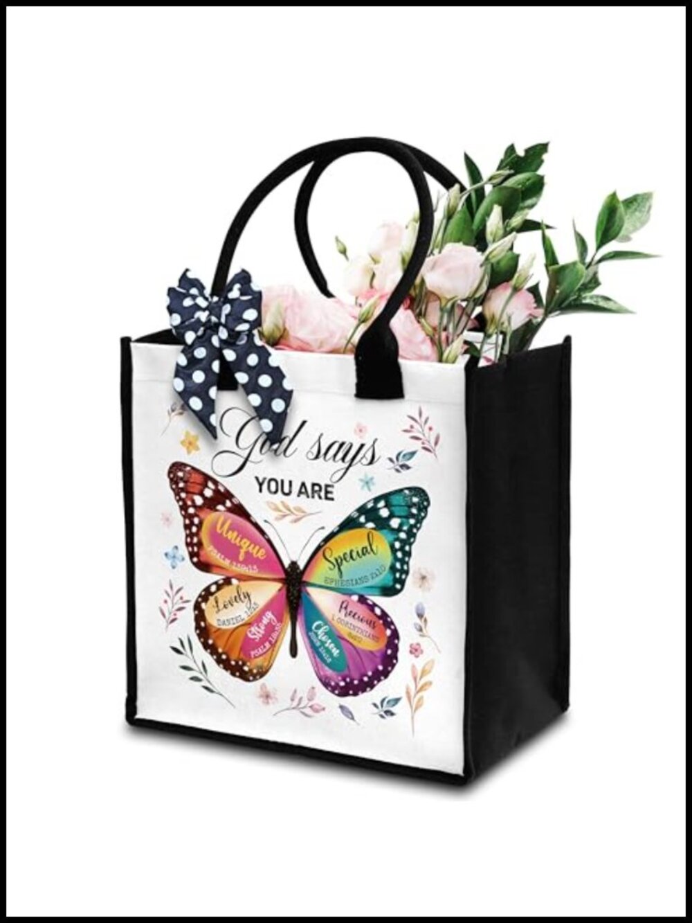 Canvas Tote Bag with Ribbon Christian Butterfly Religious Gift Water Resistant